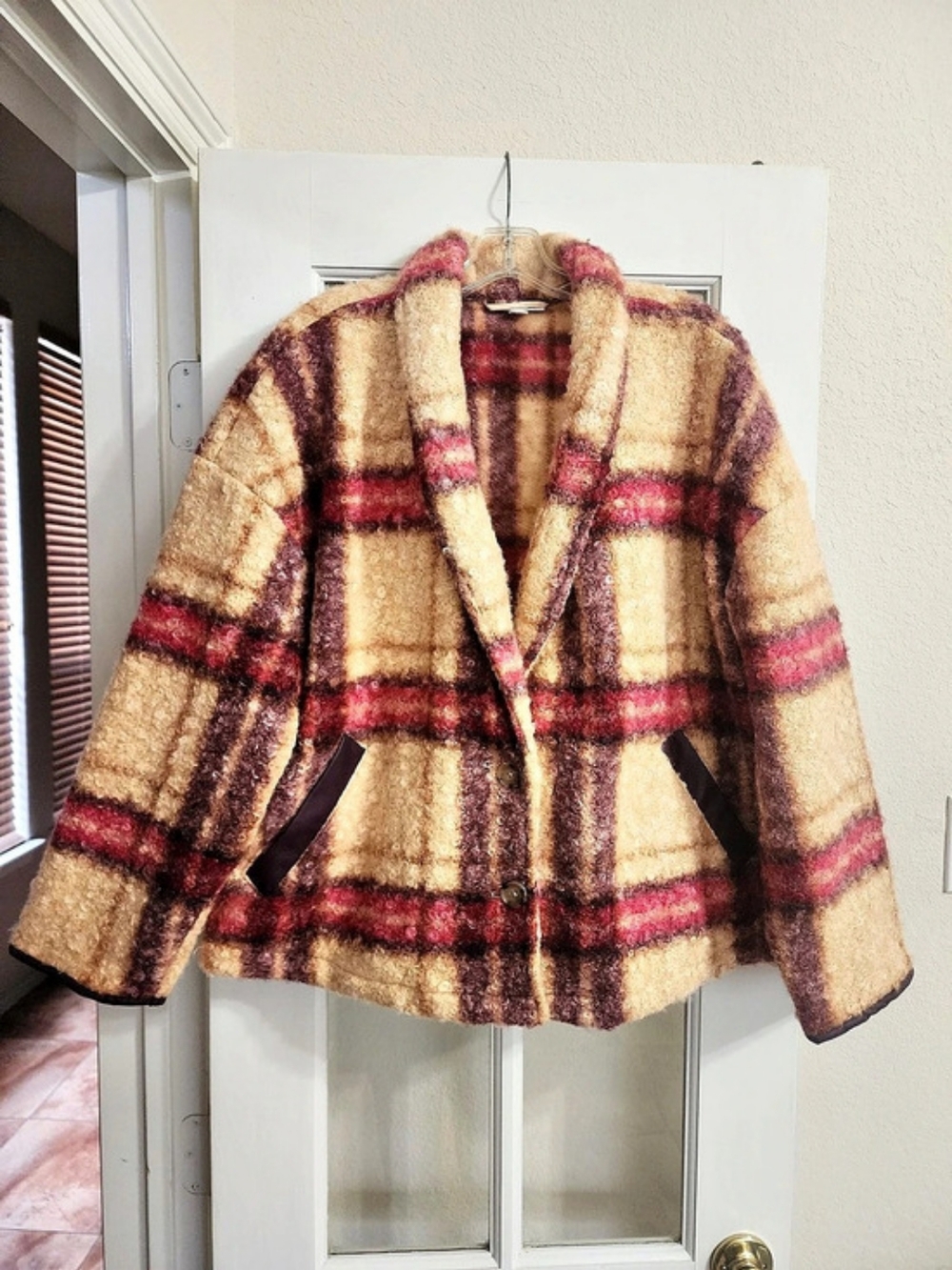 Knox Rose XXL Plaid Boucle Teddy Jacket Faux Leather Trim